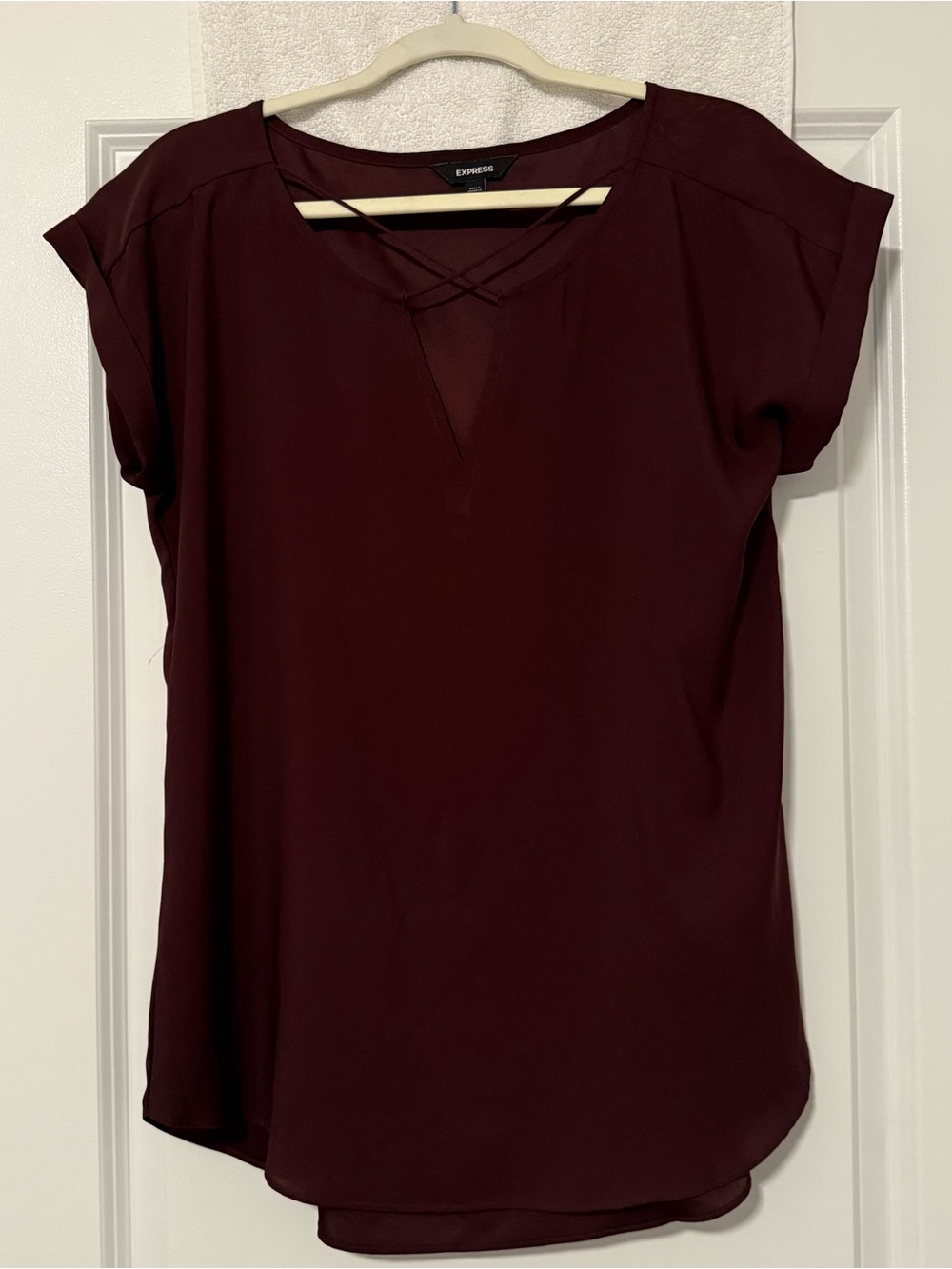 Express Women's Burgundy Short Sleeve Crisscross V-Neck Blouse